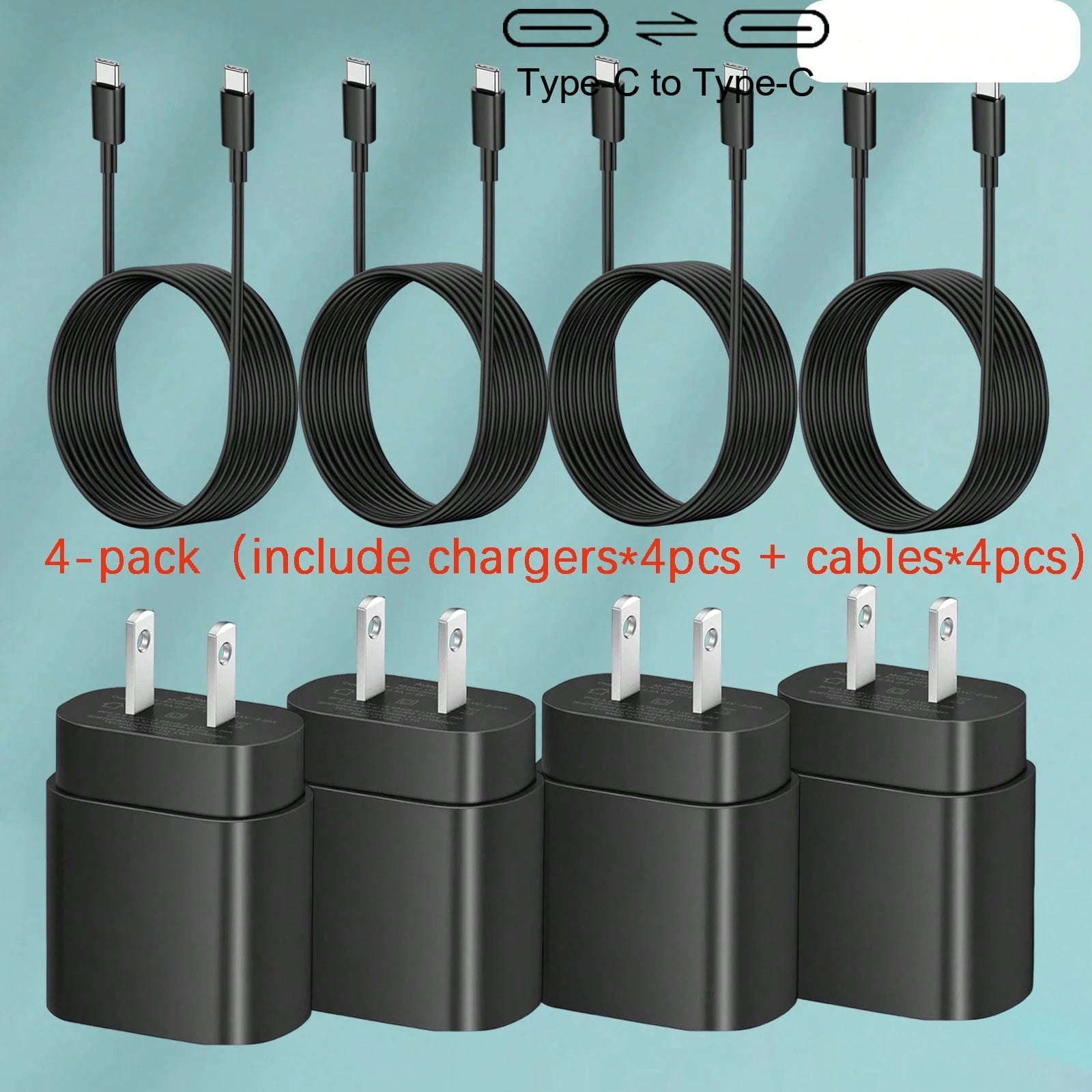4 Pack USB C Charger Block, PD 3.0 Fast Charging Type C Charger Plug With 4 Pack 4ft USB C To USB C Cable, US Plug Type C Power Adapter Compatible With Phone 17/16/15/15/Pro/Pro Max, Galaxy S24/S23