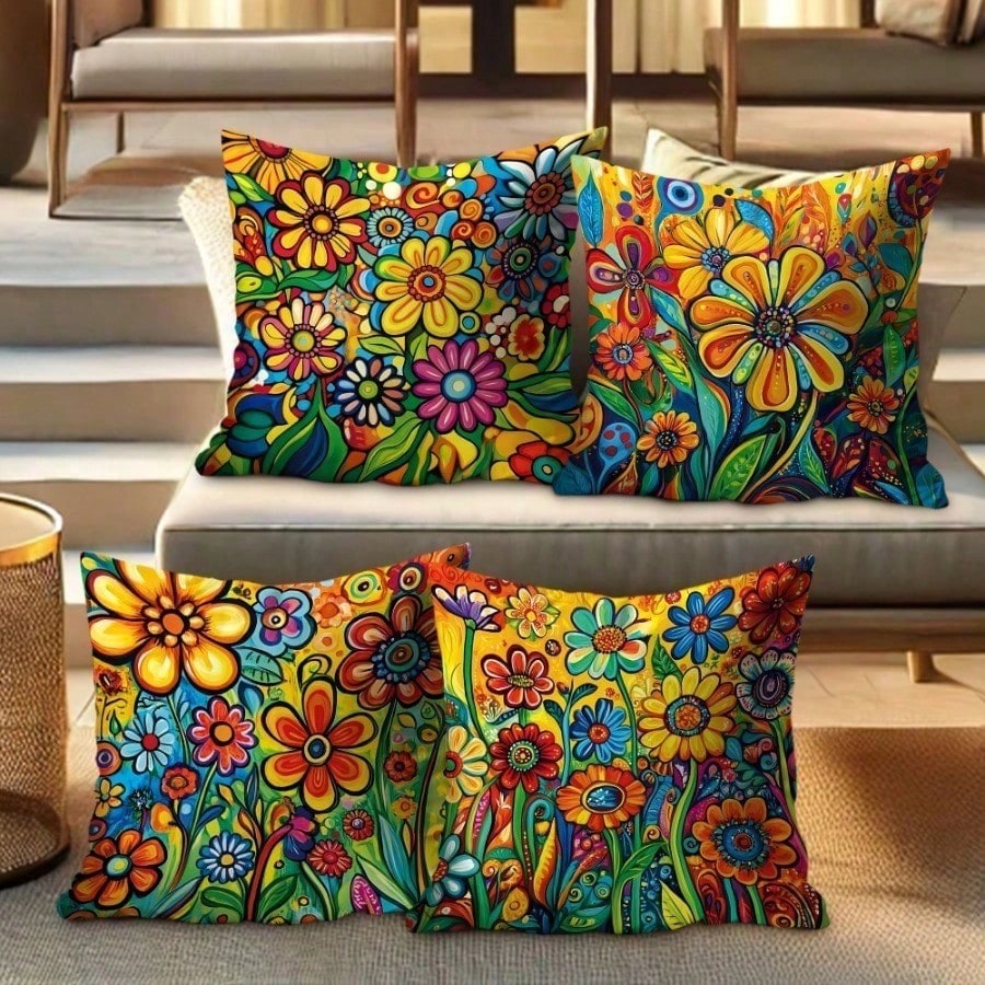 4 PCS Tropical Flower Throw Pillow Covers- 17.7*17.7Inch 2D Flat Cushion Cover, Zipper Closure, Machine Washable, Suitable For Living Room, Bedroom, Sofa, Patio, Outdoor Decor(No Inserts)