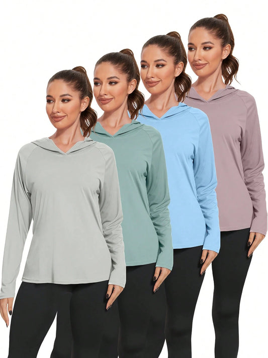 4 Pcs Women's Spring And Summer Sunscreen Long Sleeve T-Shirt Quick Dry Breathable, Casual Basic, Hooded Sunscreen Top Solid Colour Combo Multi Set