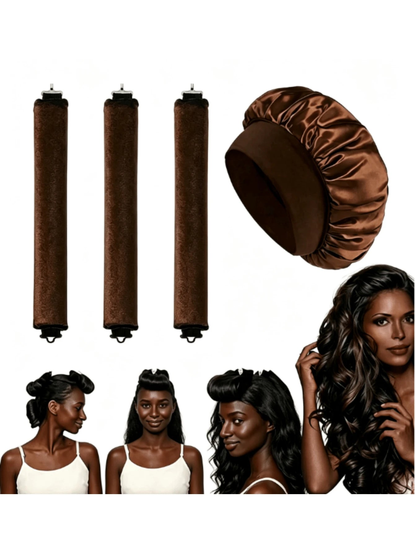 4-Piece Curly Hair Set: 1 Wide-Brim Satin Sleep Cap, 3 Heatless Curlers, Classic Casual Women's Solid Color Elastic Soft Cap, Heatless Overnight Curls, Effortlessly Create Curly Hair, Suitable For All