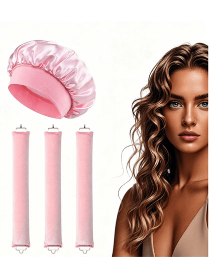 4-Piece Curly Hair Set: 1 Wide-Brim Satin Sleep Cap, 3 Heatless Curlers, Classic Casual Women's Solid Color Elastic Soft Cap, Heatless Overnight Curls, Effortlessly Create Curly Hair, Suitable For All