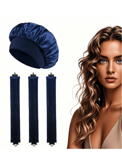 4-Piece Curly Hair Set: 1 Wide-Brim Satin Sleep Cap, 3 Heatless Curlers, Classic Casual Women's Solid Color Elastic Soft Cap, Heatless Overnight Curls, Effortlessly Create Curly Hair, Suitable For All