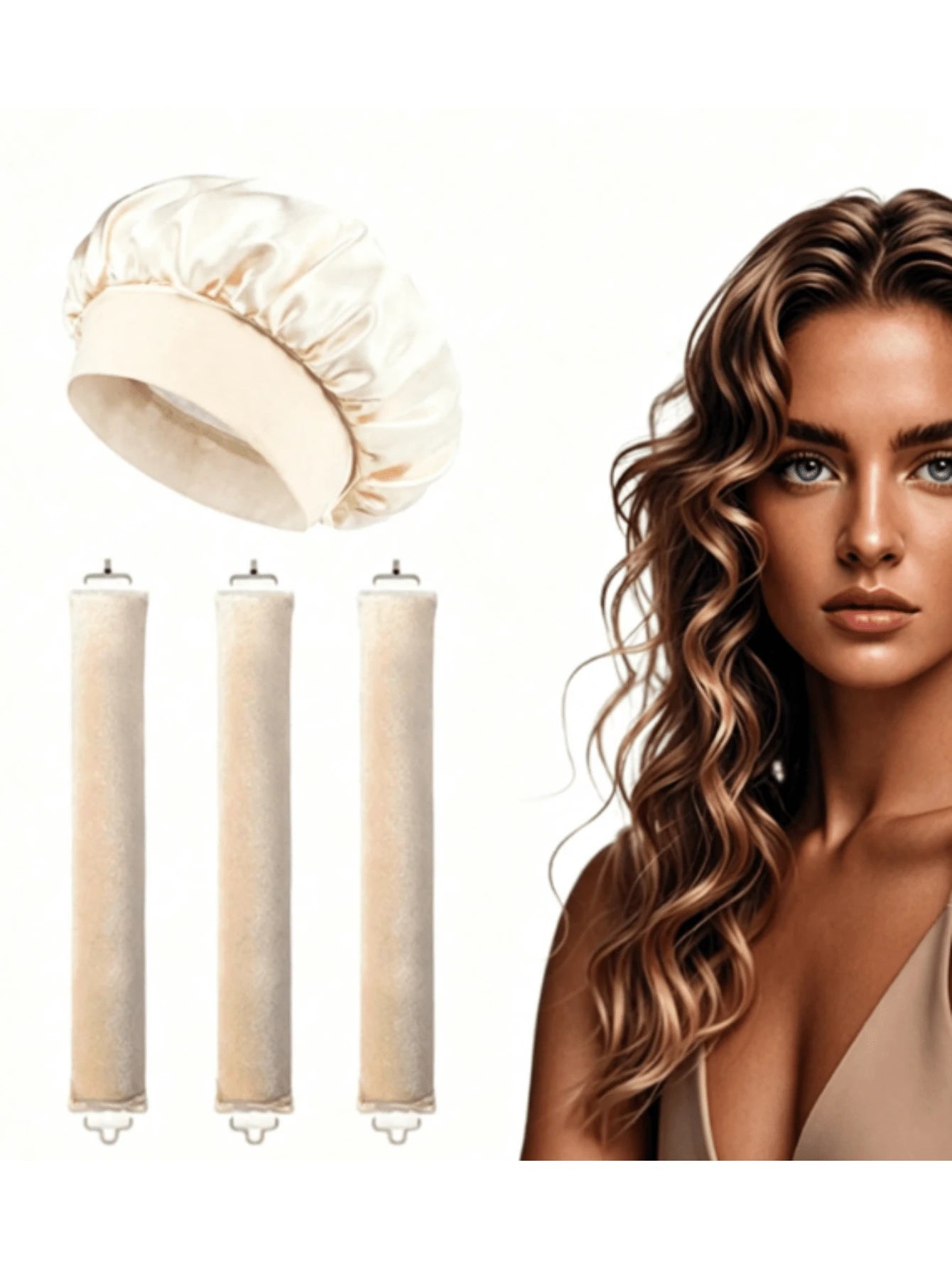 4-Piece Curly Hair Set: 1 Wide-Brim Satin Sleep Cap, 3 Heatless Curlers, Classic Casual Women's Solid Color Elastic Soft Cap, Heatless Overnight Curls, Effortlessly Create Curly Hair, Suitable For All