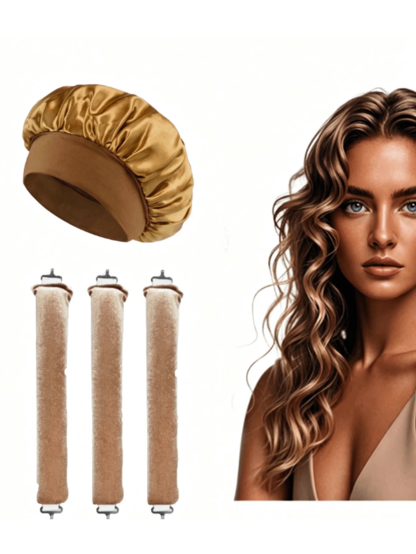 4-Piece Curly Hair Set: 1 Wide-Brim Satin Sleep Cap, 3 Heatless Curlers, Classic Casual Women's Solid Color Elastic Soft Cap, Heatless Overnight Curls, Effortlessly Create Curly Hair, Suitable For All