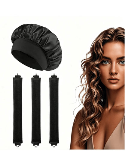 4-Piece Curly Hair Set: 1 Wide-Brim Satin Sleep Cap, 3 Heatless Curlers, Classic Casual Women's Solid Color Elastic Soft Cap, Heatless Overnight Curls, Effortlessly Create Curly Hair, Suitable For All