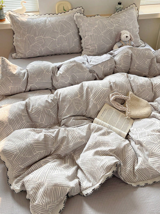 4-Piece Lace Trim Floral Print Bedding Set, French Country Style, Breathable And Soft All-Season Bedding Set, Includes 1 Duvet Cover, 1 Bed Sheet, 2 Pillowcases, No Filling, Suitable For Bedroom, Dorm
