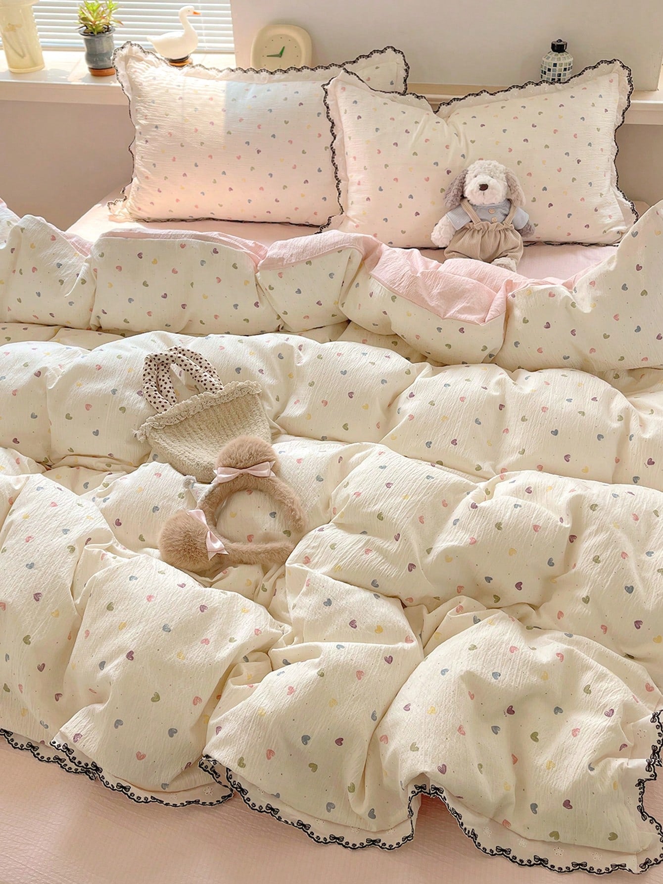 4-Piece Lace Trim Floral Print Bedding Set, French Country Style, Breathable And Soft All-Season Bedding Set, Includes 1 Duvet Cover, 1 Bed Sheet, 2 Pillowcases, No Filling, Suitable For Bedroom, Dorm