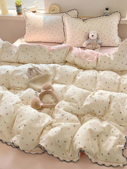 4-Piece Lace Trim Floral Print Bedding Set, French Country Style, Breathable And Soft All-Season Bedding Set, Includes 1 Duvet Cover, 1 Bed Sheet, 2 Pillowcases, No Filling, Suitable For Bedroom, Dorm