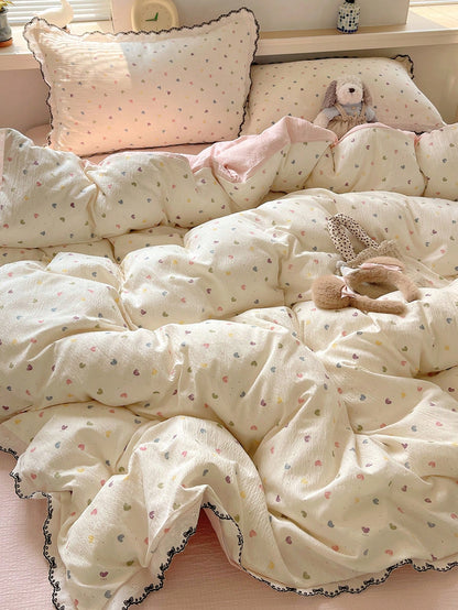 4-Piece Lace Trim Floral Print Bedding Set, French Country Style, Breathable And Soft All-Season Bedding Set, Includes 1 Duvet Cover, 1 Bed Sheet, 2 Pillowcases, No Filling, Suitable For Bedroom, Dorm