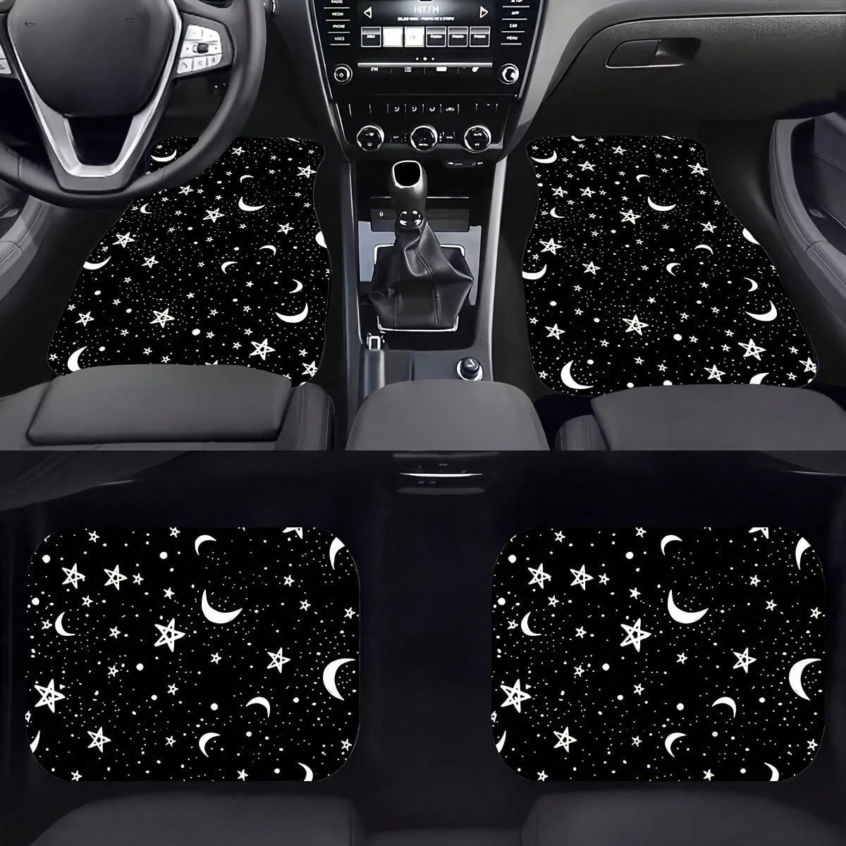 4 Pieces Of Universal Star And Moon Printing Car Floor Mats, Non-Slip And Wear-Resistant Design, Interior Decoration Protective Mats, Practical Auto Accessories