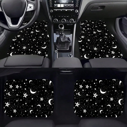 4 Pieces Of Universal Star And Moon Printing Car Floor Mats, Non-Slip And Wear-Resistant Design, Interior Decoration Protective Mats, Practical Auto Accessories