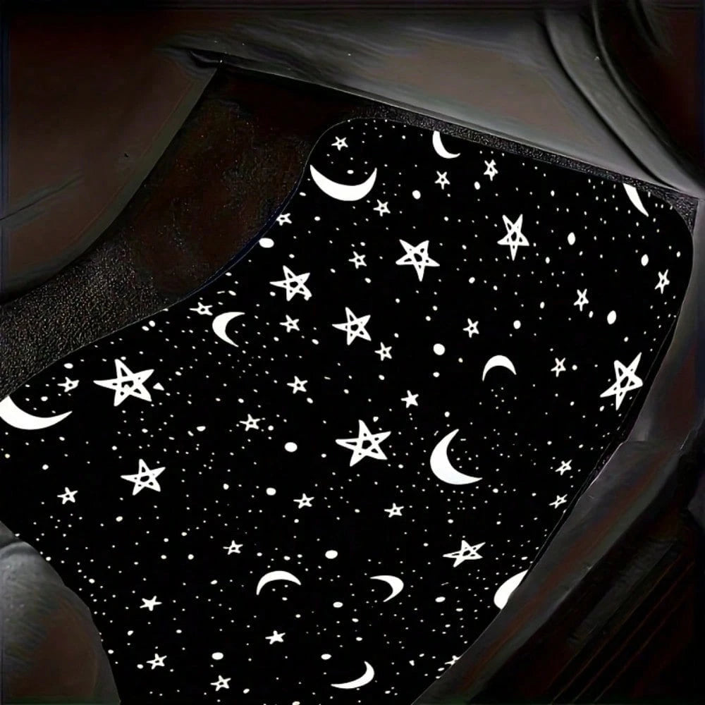 4 Pieces Of Universal Star And Moon Printing Car Floor Mats, Non-Slip And Wear-Resistant Design, Interior Decoration Protective Mats, Practical Auto Accessories