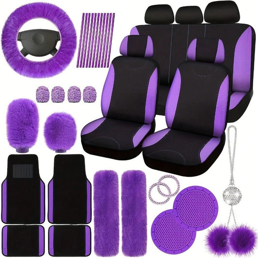 48 Pcs Pink Car Seat Cover Set Full Car Seat Covers Front Rear Seat Covers Plush Steering Wheel Cover Seat Belt Car Mat Car Air Conditioner Trim Car Accessories For Women