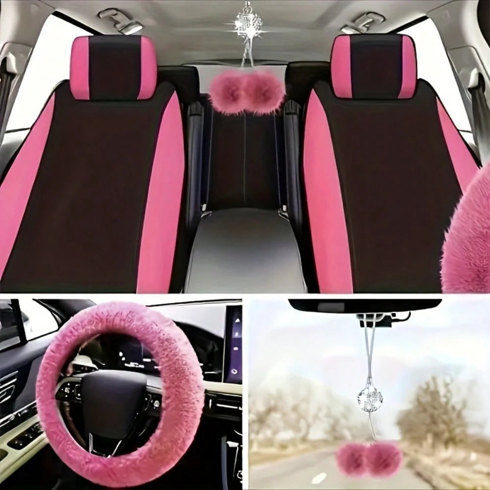 48 Pcs Pink Car Seat Cover Set Full Car Seat Covers Front Rear Seat Covers Plush Steering Wheel Cover Seat Belt Car Mat Car Air Conditioner Trim Car Accessories For Women