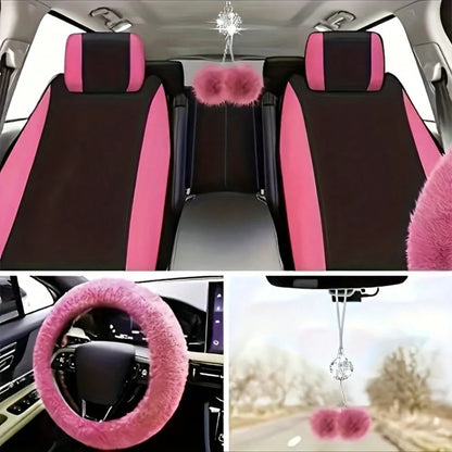 48 Pcs Pink Car Seat Cover Set Full Car Seat Covers Front Rear Seat Covers Plush Steering Wheel Cover Seat Belt Car Mat Car Air Conditioner Trim Car Accessories For Women