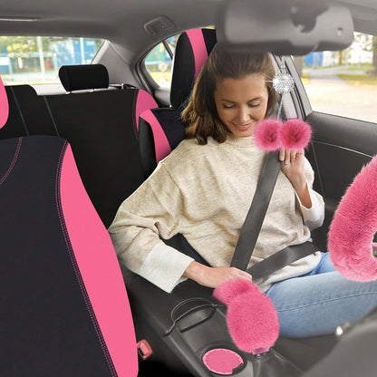 48 Pcs Pink Car Seat Cover Set Full Car Seat Covers Front Rear Seat Covers Plush Steering Wheel Cover Seat Belt Car Mat Car Air Conditioner Trim Car Accessories For Women