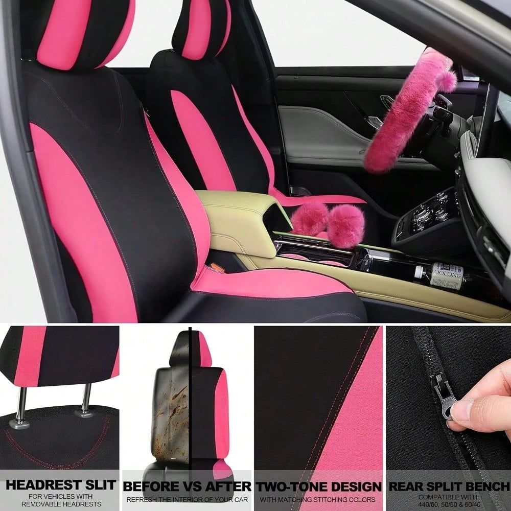 48 Pcs Pink Car Seat Cover Set Full Car Seat Covers Front Rear Seat Covers Plush Steering Wheel Cover Seat Belt Car Mat Car Air Conditioner Trim Car Accessories For Women