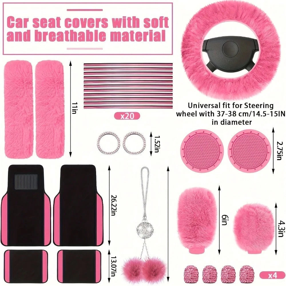 48 Pcs Pink Car Seat Cover Set Full Car Seat Covers Front Rear Seat Covers Plush Steering Wheel Cover Seat Belt Car Mat Car Air Conditioner Trim Car Accessories For Women
