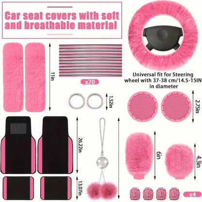 48 Pcs Pink Car Seat Cover Set Full Car Seat Covers Front Rear Seat Covers Plush Steering Wheel Cover Seat Belt Car Mat Car Air Conditioner Trim Car Accessories For Women