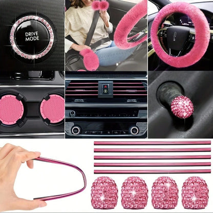 48 Pcs Pink Car Seat Cover Set Full Car Seat Covers Front Rear Seat Covers Plush Steering Wheel Cover Seat Belt Car Mat Car Air Conditioner Trim Car Accessories For Women