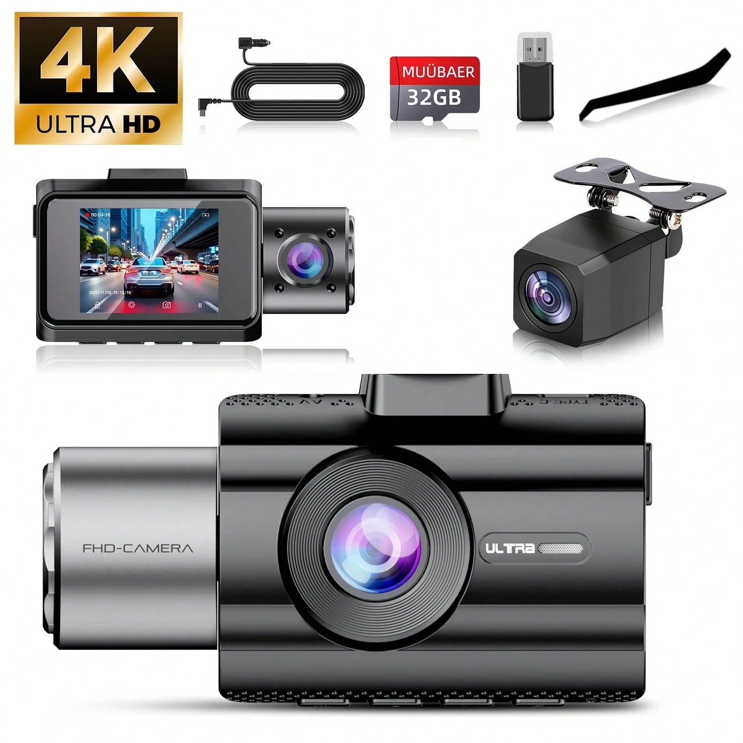 4K Camera Dash Cam 3 Cameras (Optional)- Infrared Night Vision, 170° Wide Angle And Built-In Audio- Includes A 32GB Card (Optional), Loop Recording, G-Sensor-24-Hour Parking Mode, Echargeable Batte