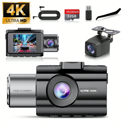 4K Camera Dash Cam 3 Cameras (Optional)- Infrared Night Vision, 170° Wide Angle And Built-In Audio- Includes A 32GB Card (Optional), Loop Recording, G-Sensor-24-Hour Parking Mode, Echargeable Batte