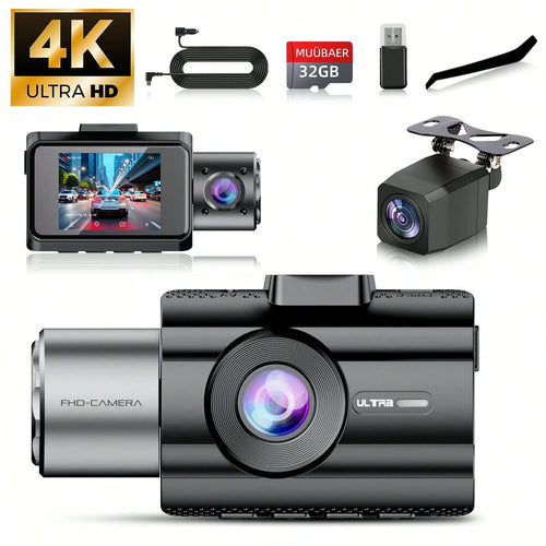 4K Camera Dash Cam 3 Cameras (Optional)- Infrared Night Vision, 170° Wide Angle And Built-In Audio- Includes A 32GB Card (Optional), Loop Recording, G-Sensor-24-Hour Parking Mode, Echargeable Batte