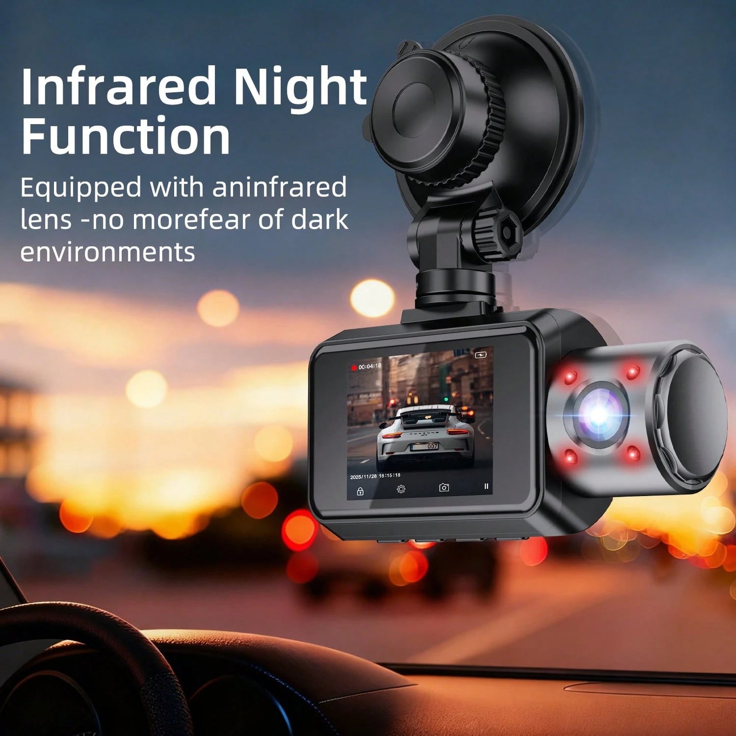 4K Camera Dash Cam 3 Cameras (Optional)- Infrared Night Vision, 170° Wide Angle And Built-In Audio- Includes A 32GB Card (Optional), Loop Recording, G-Sensor-24-Hour Parking Mode, Echargeable Batte