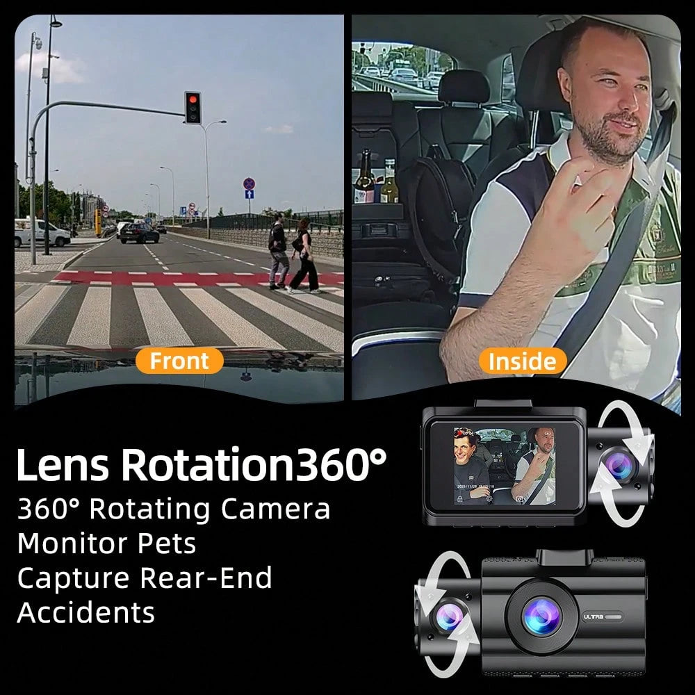 4K Camera Dash Cam 3 Cameras (Optional)- Infrared Night Vision, 170° Wide Angle And Built-In Audio- Includes A 32GB Card (Optional), Loop Recording, G-Sensor-24-Hour Parking Mode, Echargeable Batte
