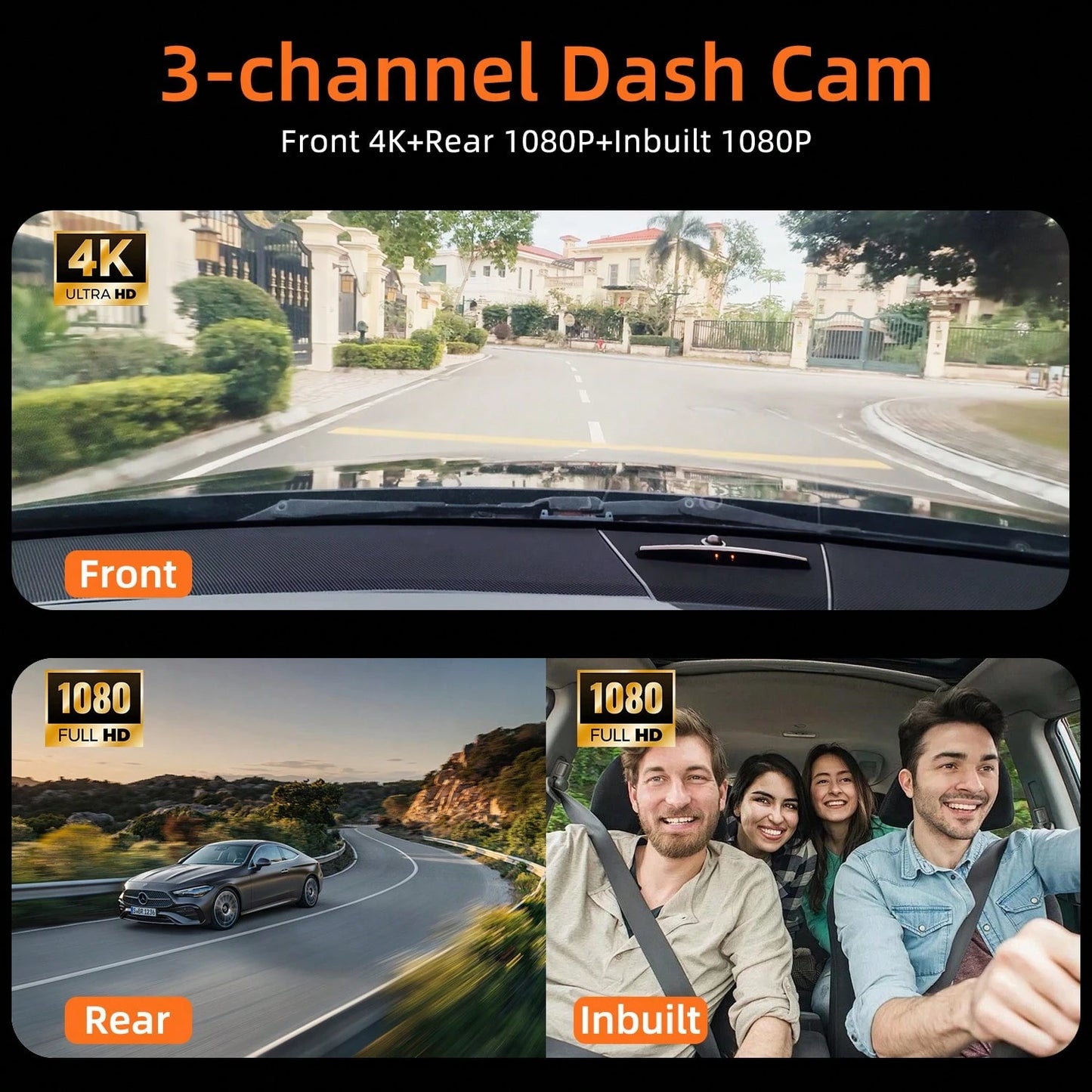 4K Camera Dash Cam 3 Cameras (Optional)- Infrared Night Vision, 170° Wide Angle And Built-In Audio- Includes A 32GB Card (Optional), Loop Recording, G-Sensor-24-Hour Parking Mode, Echargeable Batte