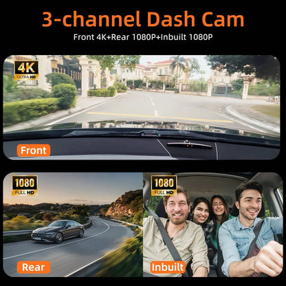4K Camera Dash Cam 3 Cameras (Optional)- Infrared Night Vision, 170° Wide Angle And Built-In Audio- Includes A 32GB Card (Optional), Loop Recording, G-Sensor-24-Hour Parking Mode, Echargeable Batte