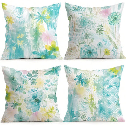 4pcs/1pc Fresh Blue Green Watercolor Floral Pattern Pillowcase, Single-Sided Print Pillowcase, Suitable For Living Room, Bedroom, Home Decor, All Season Pillowcase