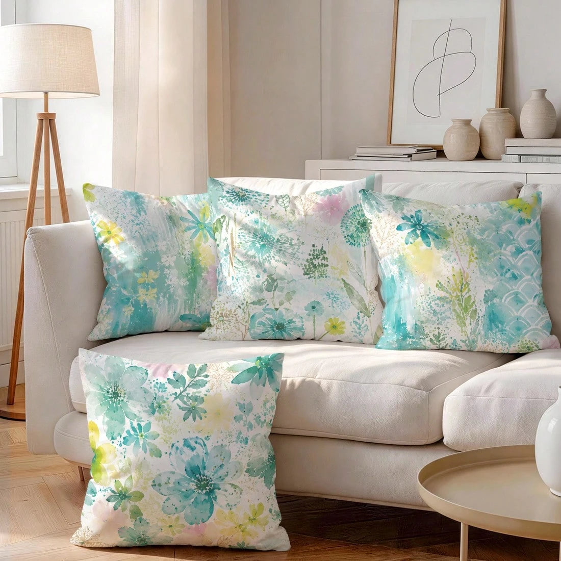 4pcs/1pc Fresh Blue Green Watercolor Floral Pattern Pillowcase, Single-Sided Print Pillowcase, Suitable For Living Room, Bedroom, Home Decor, All Season Pillowcase