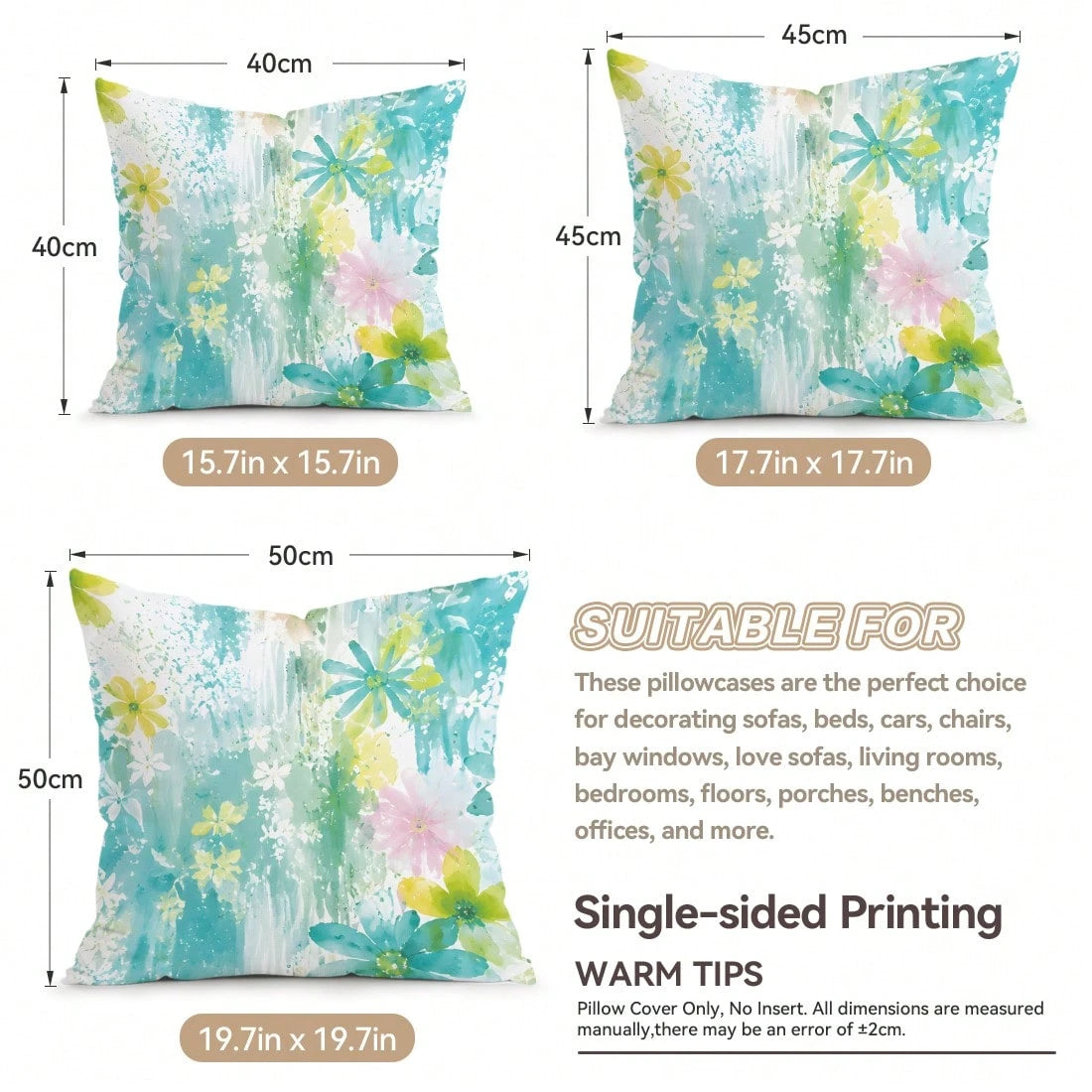 4pcs/1pc Fresh Blue Green Watercolor Floral Pattern Pillowcase, Single-Sided Print Pillowcase, Suitable For Living Room, Bedroom, Home Decor, All Season Pillowcase
