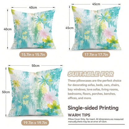 4pcs/1pc Fresh Blue Green Watercolor Floral Pattern Pillowcase, Single-Sided Print Pillowcase, Suitable For Living Room, Bedroom, Home Decor, All Season Pillowcase