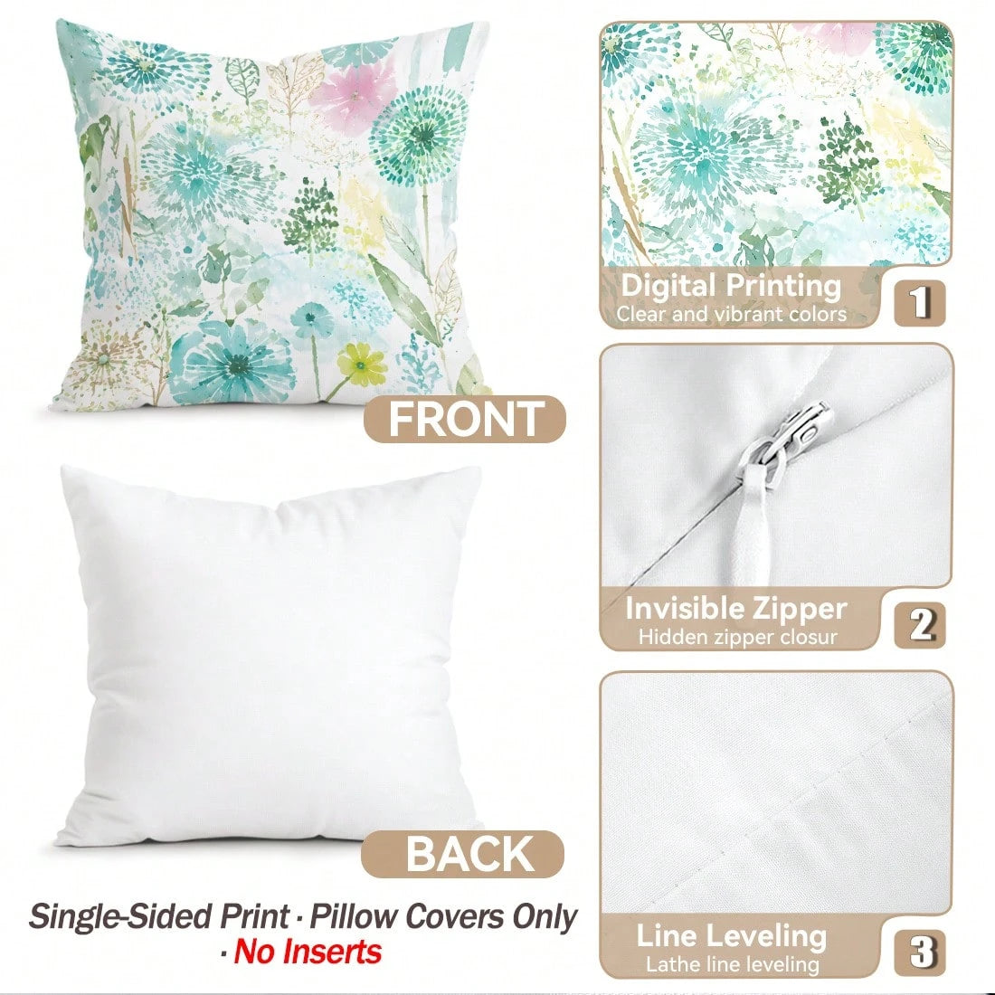 4pcs/1pc Fresh Blue Green Watercolor Floral Pattern Pillowcase, Single-Sided Print Pillowcase, Suitable For Living Room, Bedroom, Home Decor, All Season Pillowcase