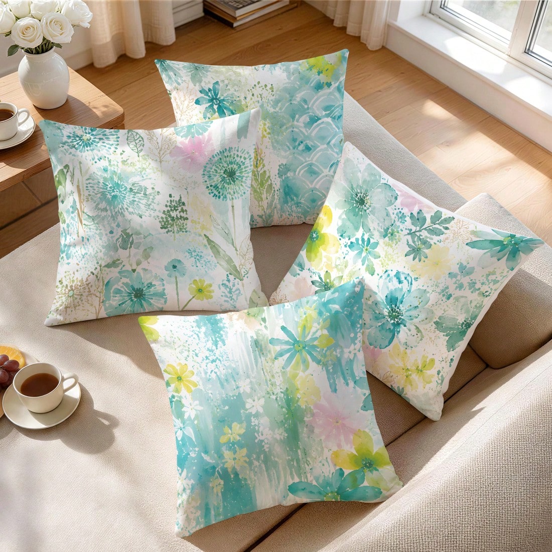 4pcs/1pc Fresh Blue Green Watercolor Floral Pattern Pillowcase, Single-Sided Print Pillowcase, Suitable For Living Room, Bedroom, Home Decor, All Season Pillowcase