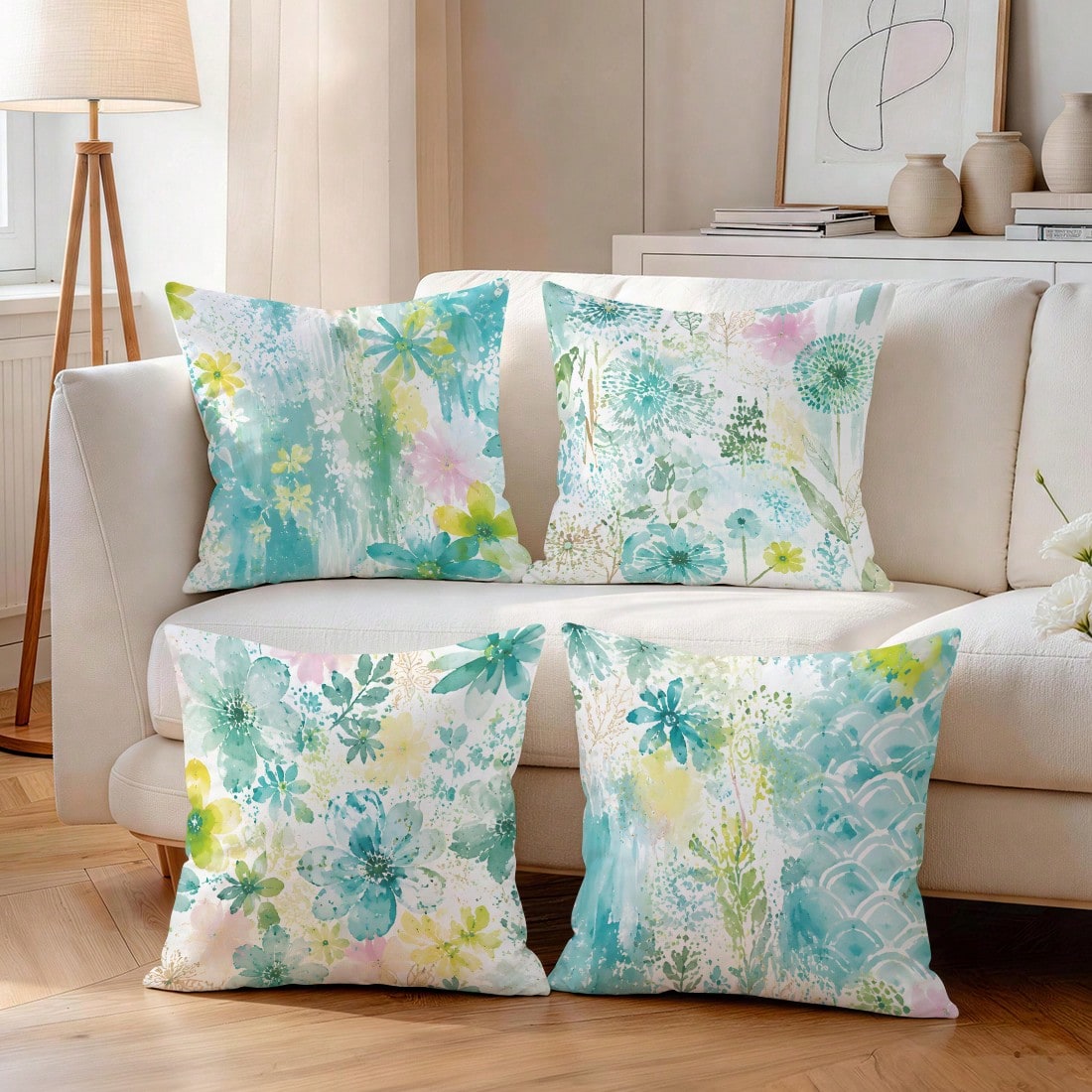 4pcs/1pc Fresh Blue Green Watercolor Floral Pattern Pillowcase, Single-Sided Print Pillowcase, Suitable For Living Room, Bedroom, Home Decor, All Season Pillowcase
