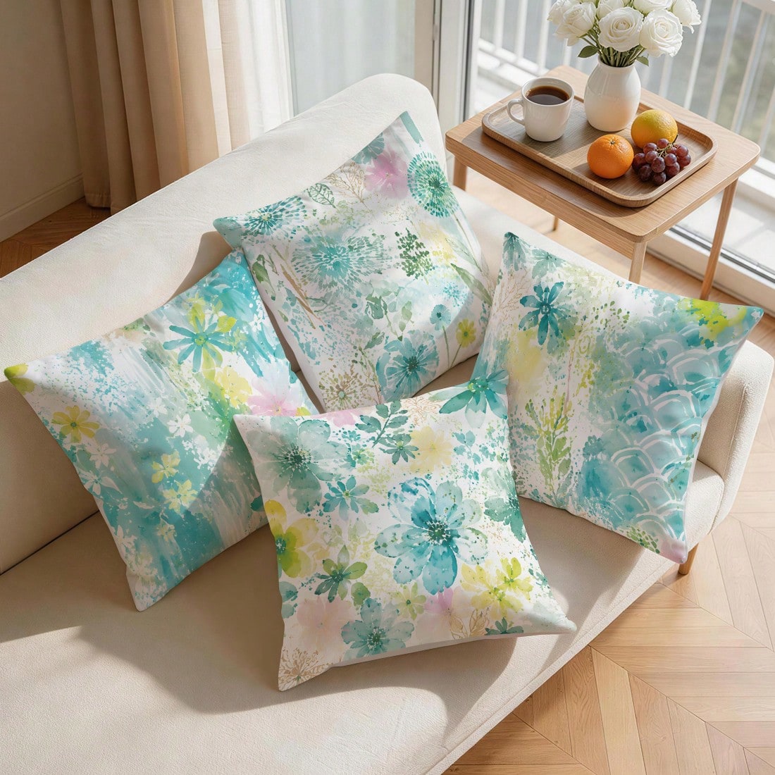 4pcs/1pc Fresh Blue Green Watercolor Floral Pattern Pillowcase, Single-Sided Print Pillowcase, Suitable For Living Room, Bedroom, Home Decor, All Season Pillowcase