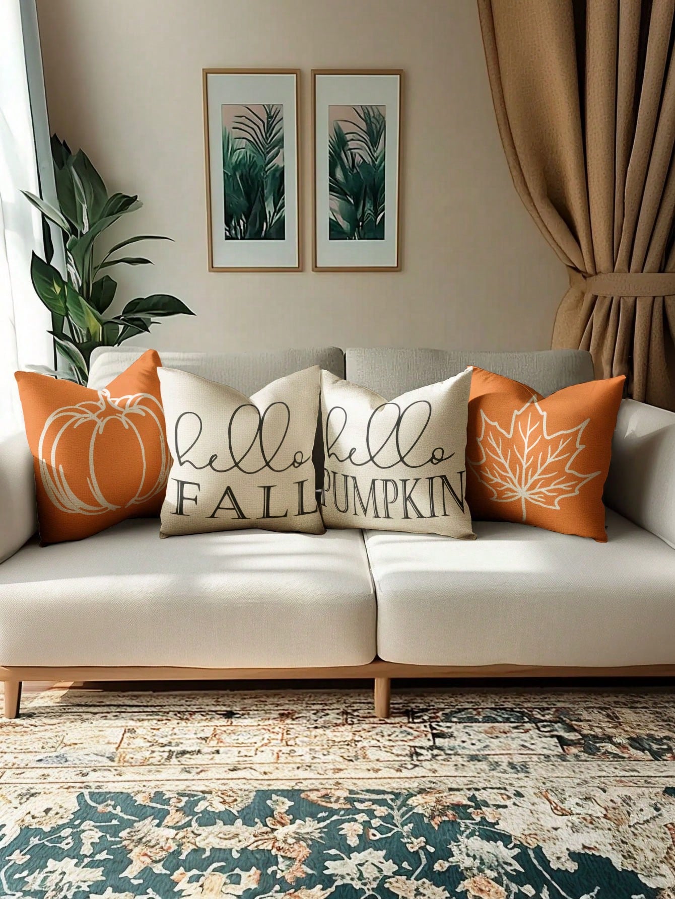 4pcs,Autumn Minimalist Line Pumpkin Maple Leaf Pillow Covers,Home Decor,Gift,Polyester Material,Hidden Zipper,No Filling,For Halloween,Thanksgiving Home Decor,Living Room Decor,Pillow Covers,Cushion C