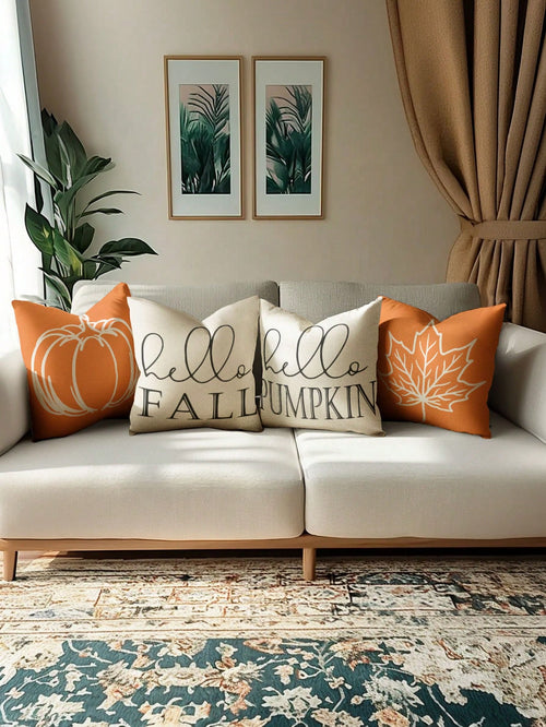 4pcs,Autumn Minimalist Line Pumpkin Maple Leaf Pillow Covers,Home Decor,Gift,Polyester Material,Hidden Zipper,No Filling,For Halloween,Thanksgiving Home Decor,Living Room Decor,Pillow Covers,Cushion C