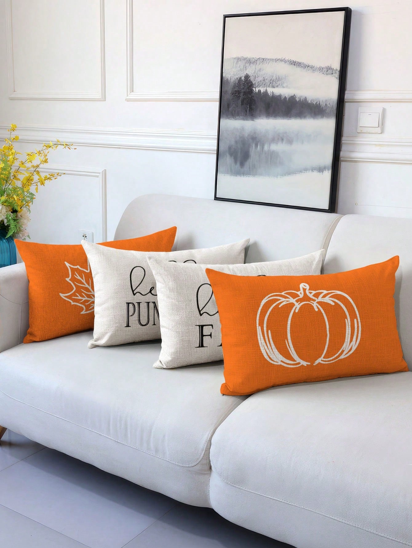 4pcs,Autumn Minimalist Line Pumpkin Maple Leaf Pillow Covers,Home Decor,Gift,Polyester Material,Hidden Zipper,No Filling,For Halloween,Thanksgiving Home Decor,Living Room Decor,Pillow Covers,Cushion C