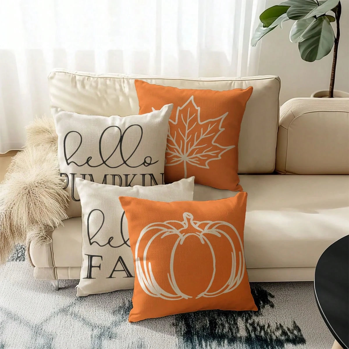 4pcs,Autumn Minimalist Line Pumpkin Maple Leaf Pillow Covers,Home Decor,Gift,Polyester Material,Hidden Zipper,No Filling,For Halloween,Thanksgiving Home Decor,Living Room Decor,Pillow Covers,Cushion C