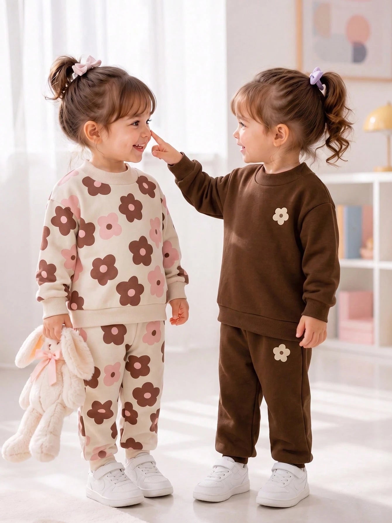 4PCS Baby Girls Infant Toddler Cute Flower Print Long Sleeve Crew Neck Soft Thick Sweatshirt Pants Set Outfit Back To School Fall Winter