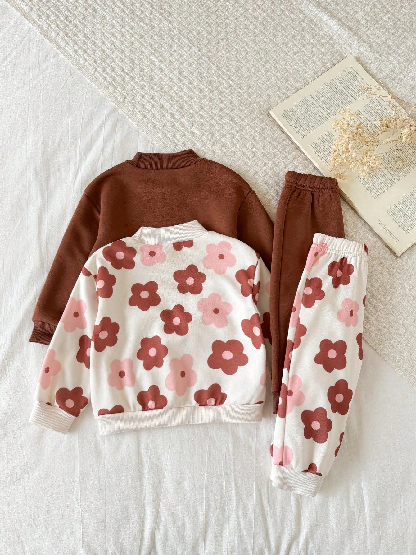 4PCS Baby Girls Infant Toddler Cute Flower Print Long Sleeve Crew Neck Soft Thick Sweatshirt Pants Set Outfit Back To School Fall Winter