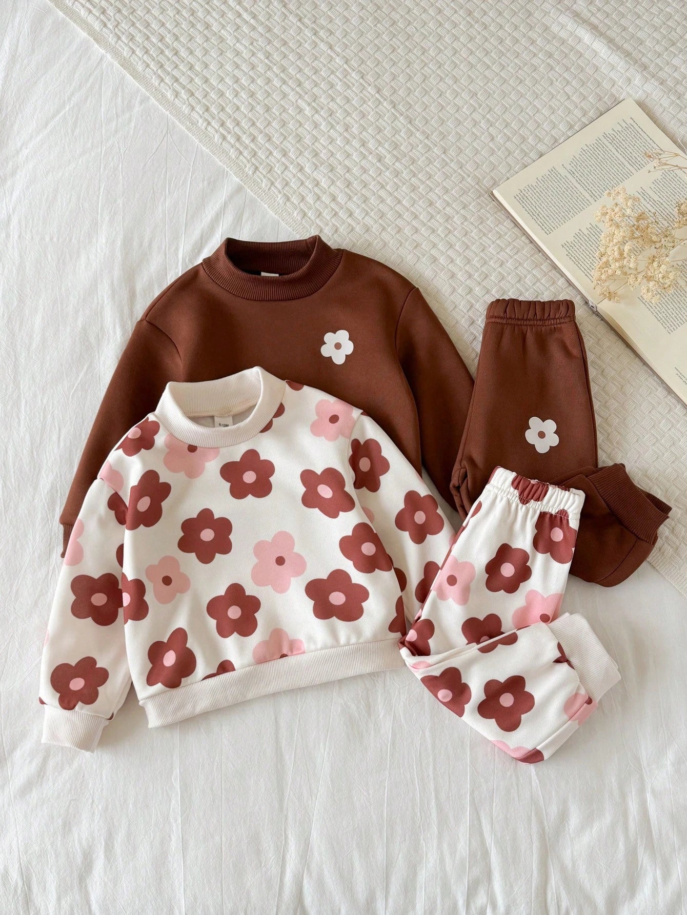 4PCS Baby Girls Infant Toddler Cute Flower Print Long Sleeve Crew Neck Soft Thick Sweatshirt Pants Set Outfit Back To School Fall Winter