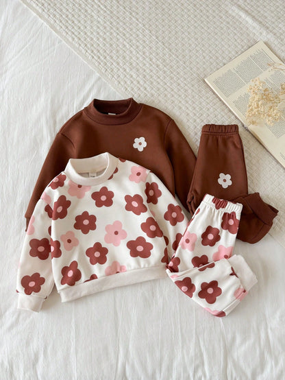 4PCS Baby Girls Infant Toddler Cute Flower Print Long Sleeve Crew Neck Soft Thick Sweatshirt Pants Set Outfit Back To School Fall Winter