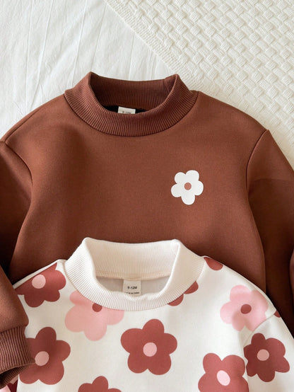 4PCS Baby Girls Infant Toddler Cute Flower Print Long Sleeve Crew Neck Soft Thick Sweatshirt Pants Set Outfit Back To School Fall Winter