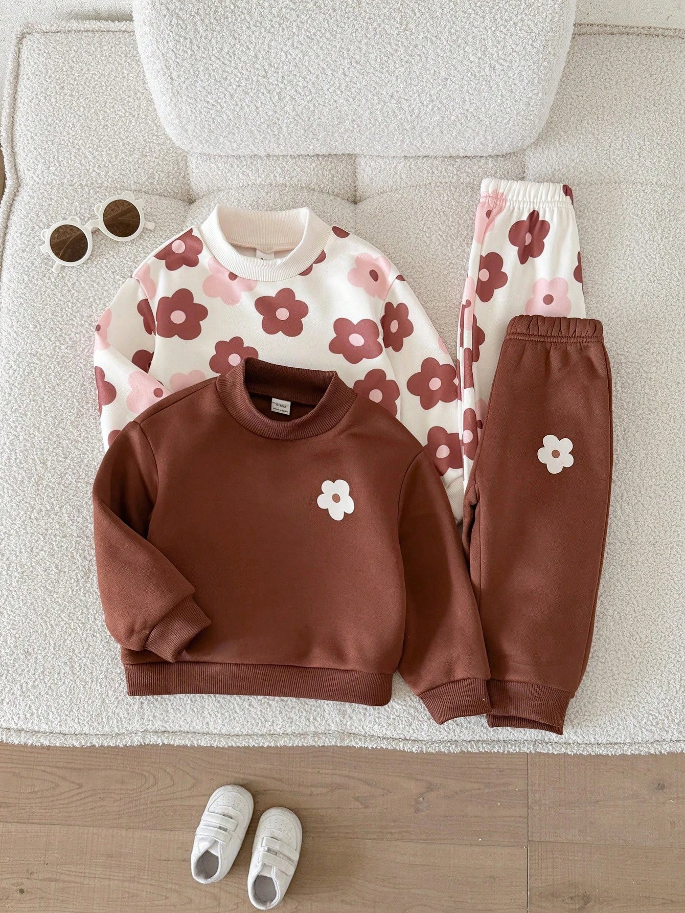 4PCS Baby Girls Infant Toddler Cute Flower Print Long Sleeve Crew Neck Soft Thick Sweatshirt Pants Set Outfit Back To School Fall Winter