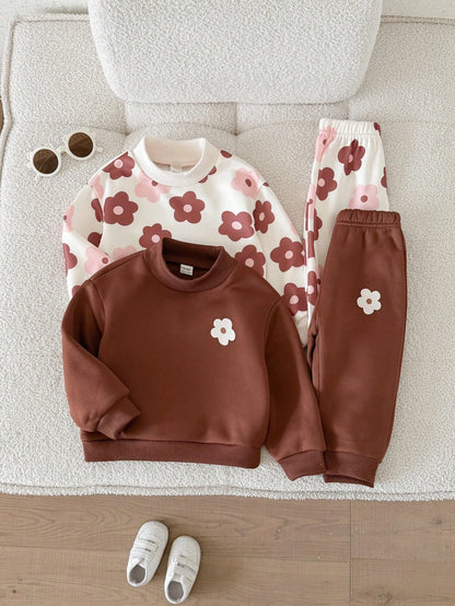 4PCS Baby Girls Infant Toddler Cute Flower Print Long Sleeve Crew Neck Soft Thick Sweatshirt Pants Set Outfit Back To School Fall Winter